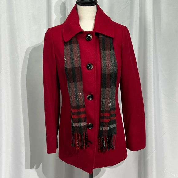 Anne Klein Single Breasted Red Wool Coat with Scarf - size Small - Picture 1 of 16